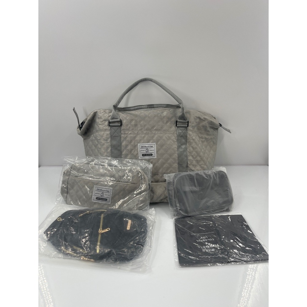OR Mochilas Grey Quilted Weekender Bag Set with Shoe Compartment and Sling Bag